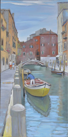 Venise, le canal  la barque rouge