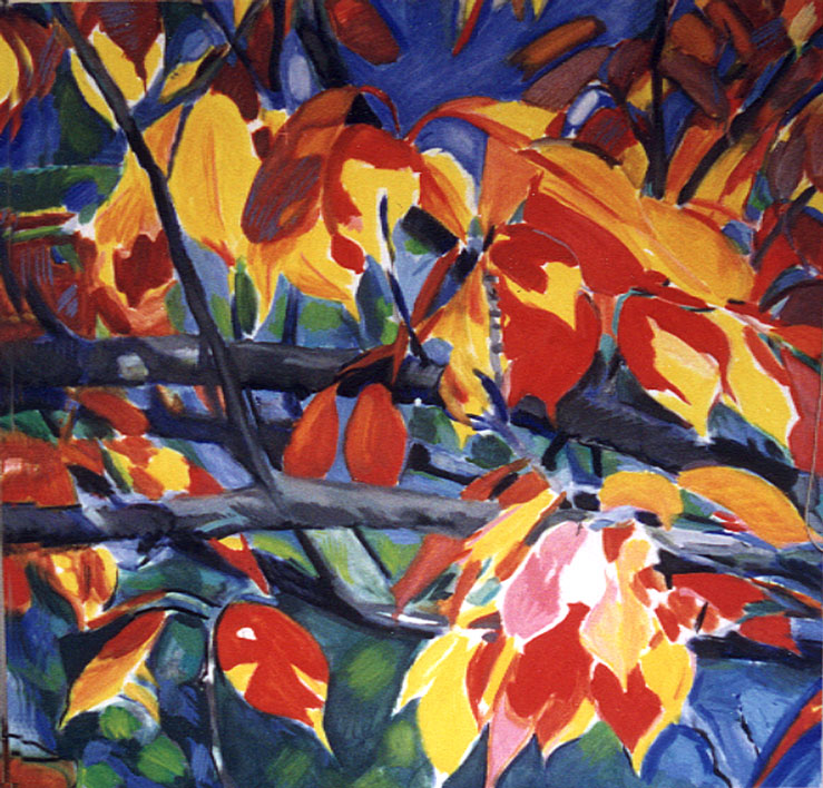feuilles rouge, fond bleu